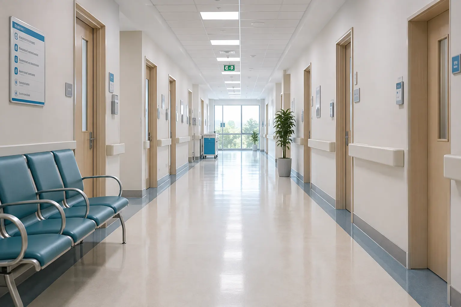 A quiet hospital corridor with seating along one wall