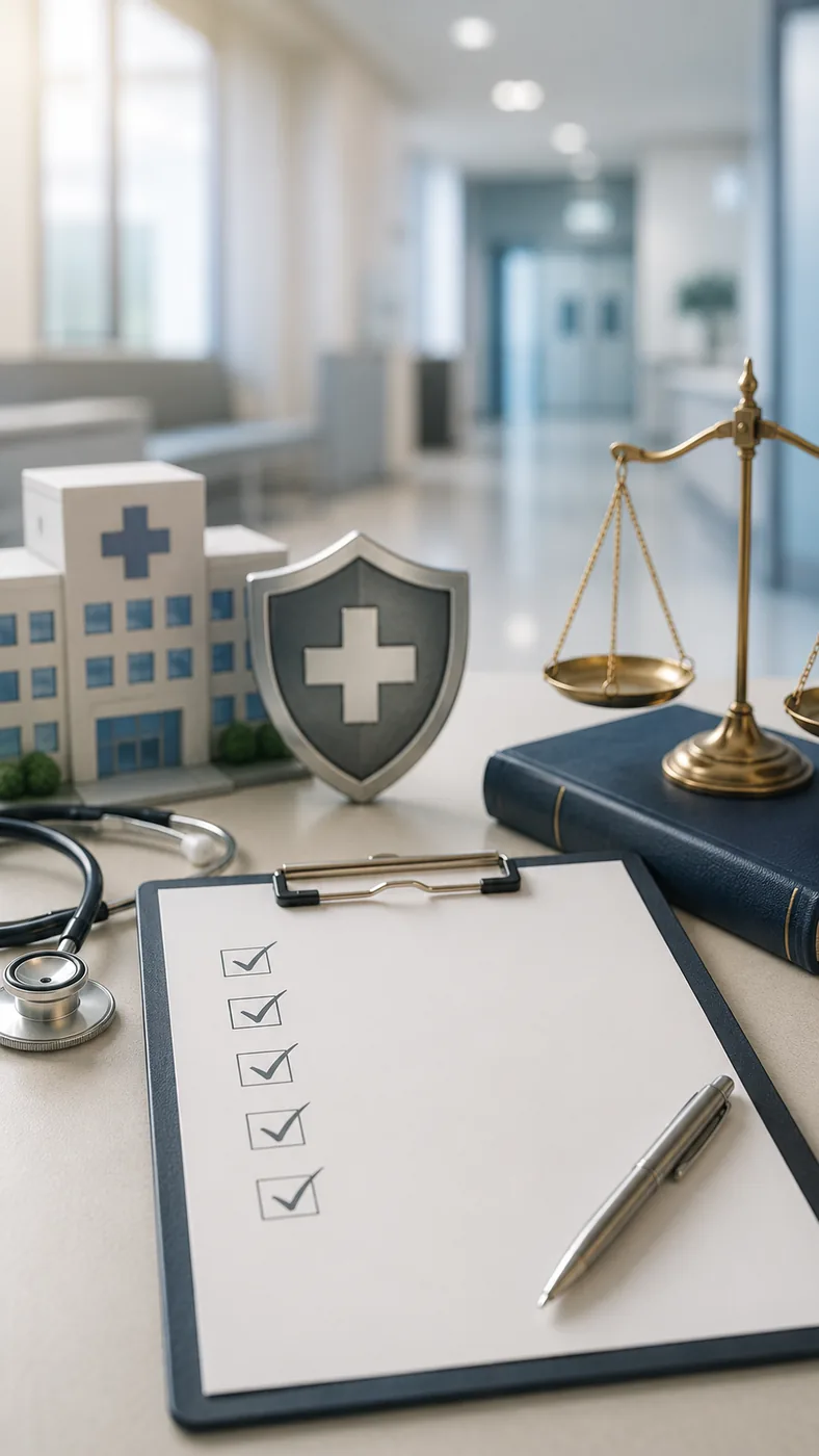 A shield bearing a cross, a model hospital, a set of scales, a law book and a ticked checklist on a clipboard