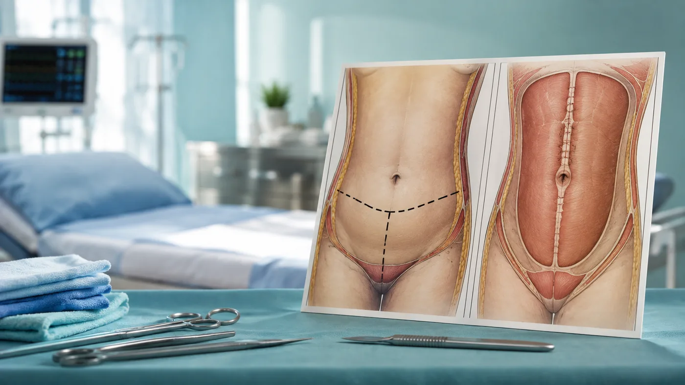 An anatomical chart of an abdominoplasty incision and the muscle layer beneath, propped on a table with instruments