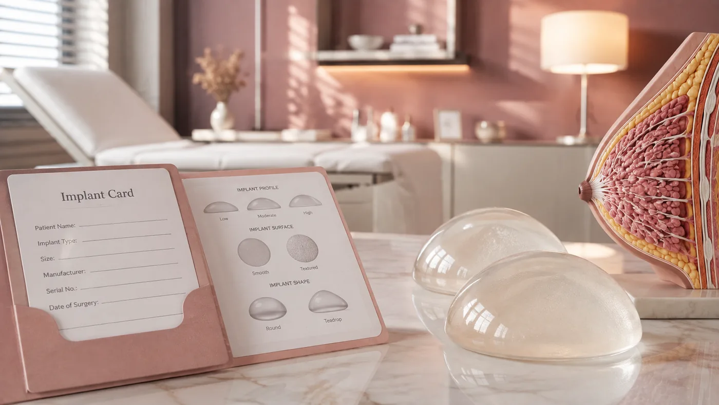 A blank implant card and an implant profile chart on a table beside two silicone implants