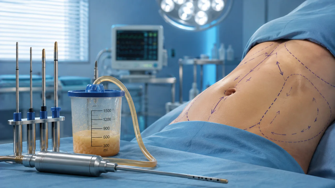 An abdomen marked with liposuction planning lines, with a cannula and collection canister beside it
