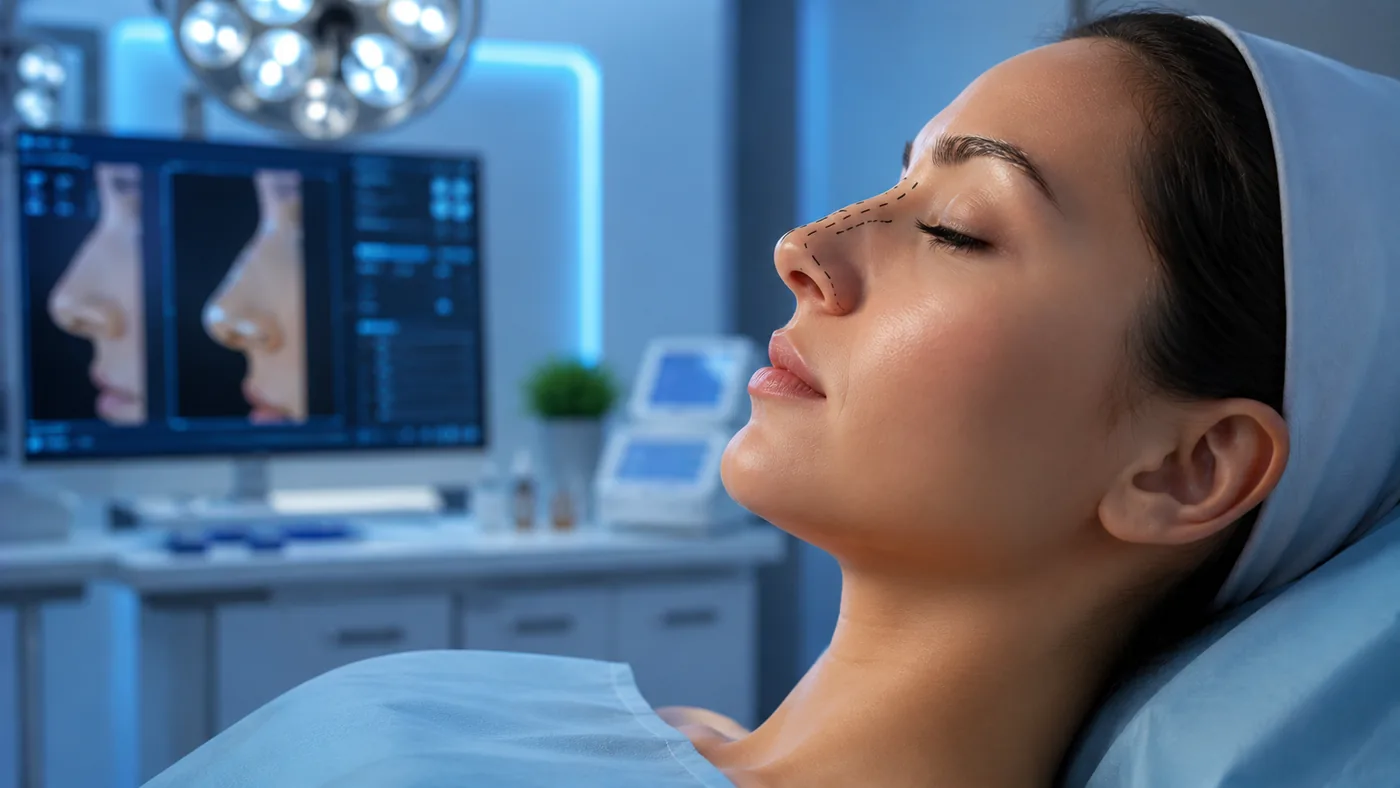 A woman lying back in a clinic with surgical planning lines marked on her nose