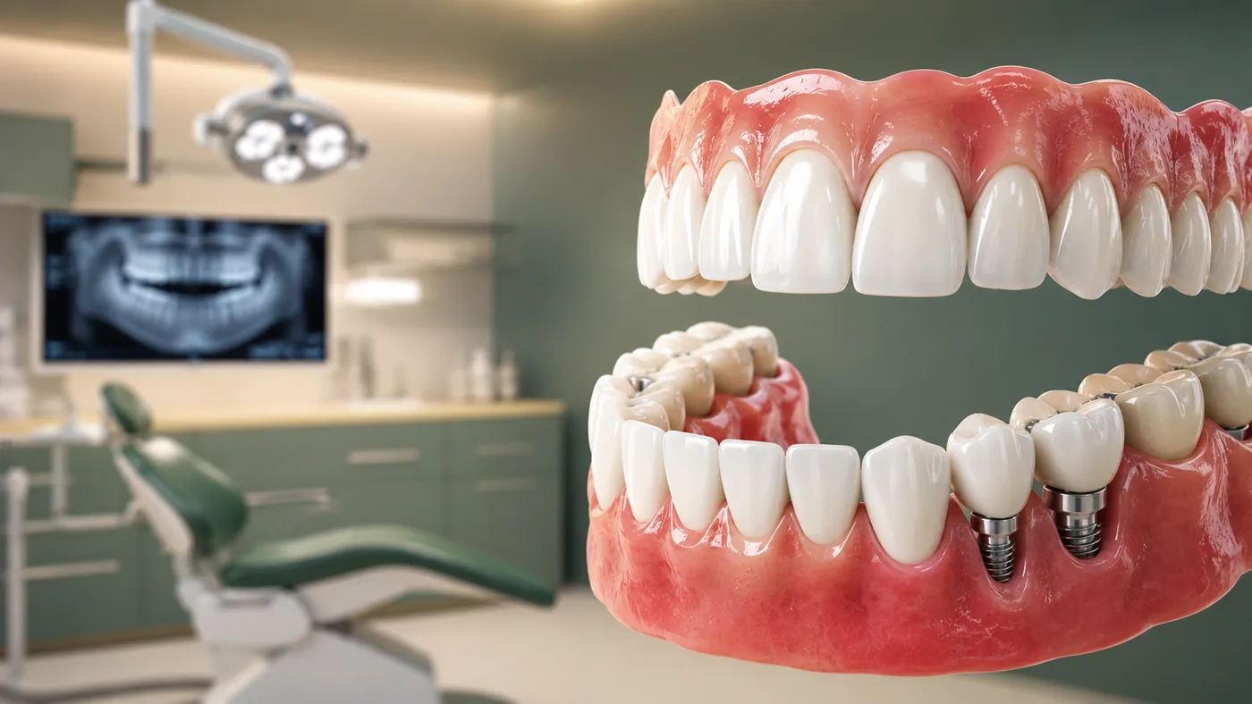 Upper and lower full-arch restorations, the lower one showing the implants it sits on
