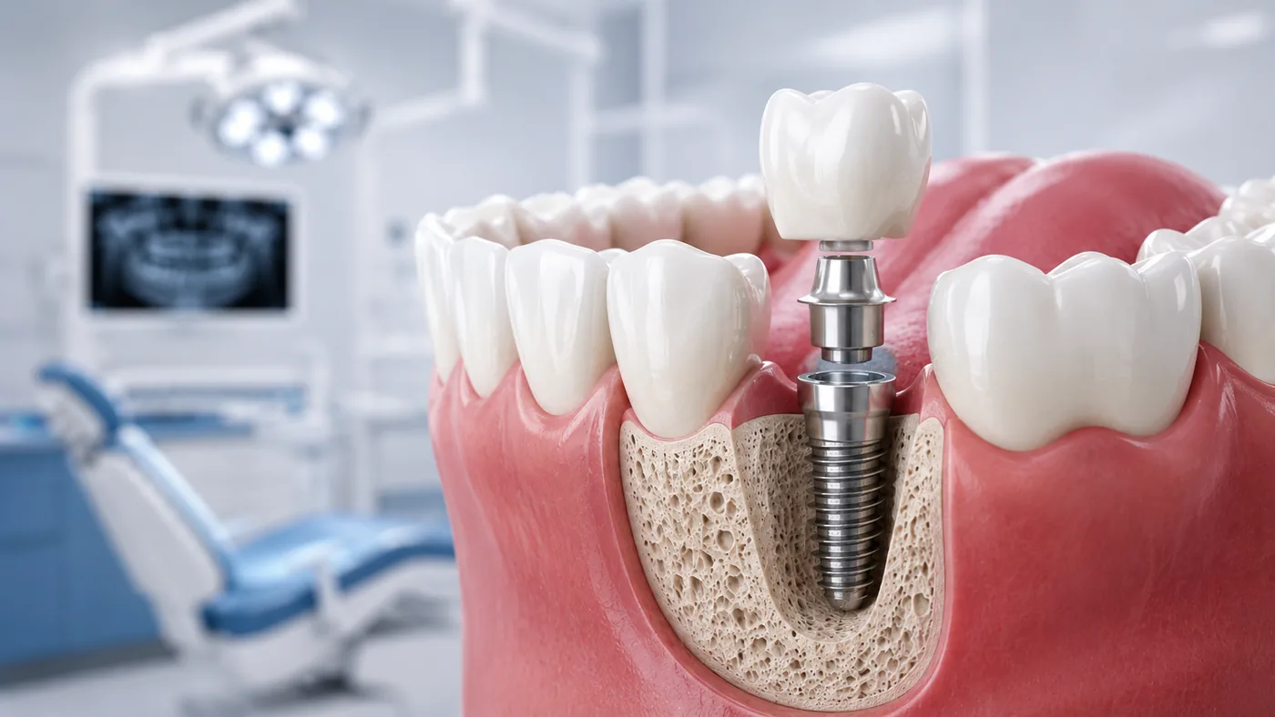 A cutaway of a dental implant screwed into the jawbone with the crown above it
