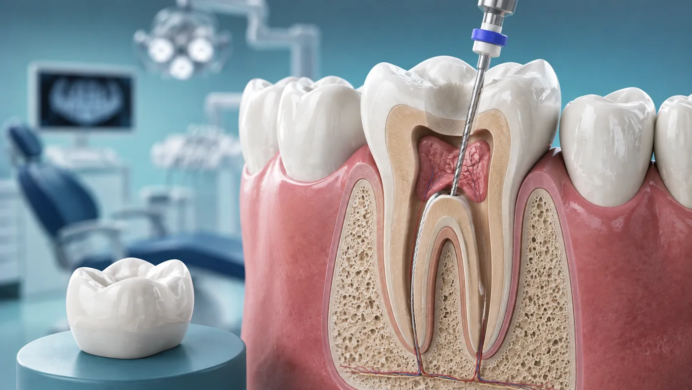 A cutaway molar with a file in the root canal, and a crown on a stand beside it
