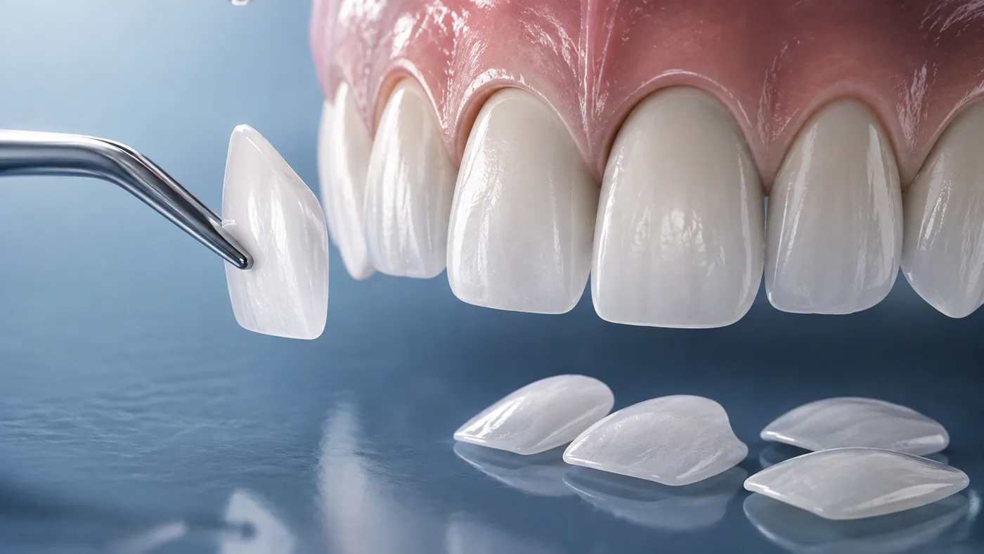 A porcelain veneer held on a dental instrument in front of an upper arch of teeth, with further veneers below