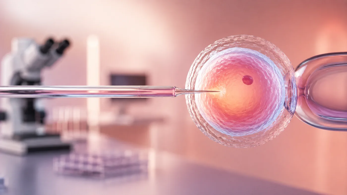 An egg being injected with a fine pipette, shown large against a blurred laboratory bench