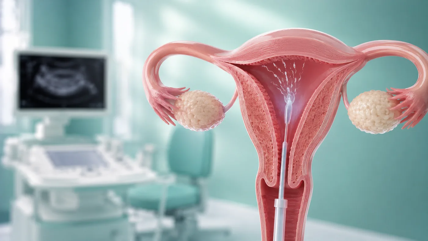 A cross-section of the uterus and ovaries with a catheter placing sperm in the uterine cavity