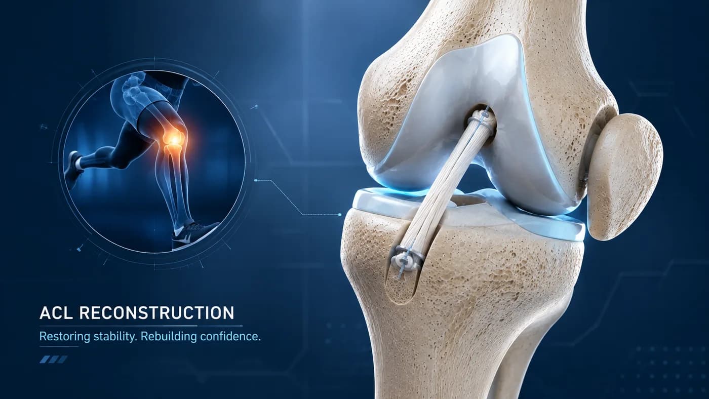 A reconstructed anterior cruciate ligament running through the knee joint, shown on a skeleton knee