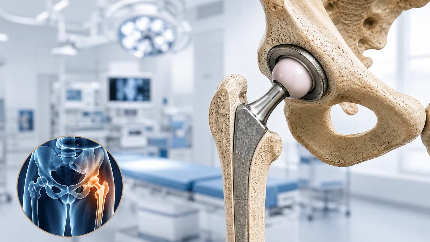 A hip replacement shown in a skeleton pelvis and femur, with the stem and ball in place