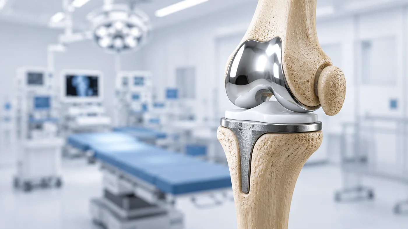 A knee replacement shown on a skeleton knee, with the metal femoral component fitted