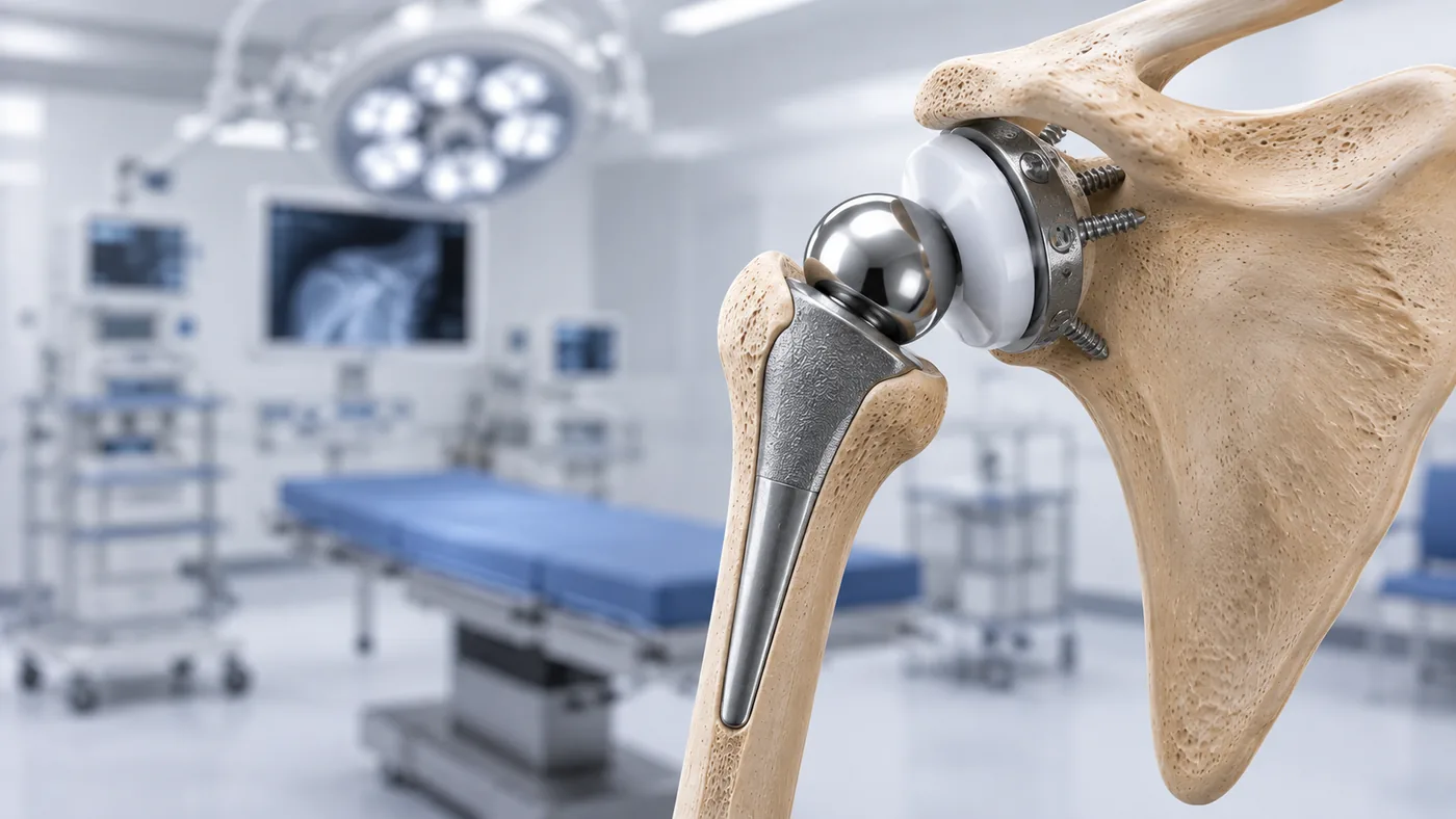 A shoulder replacement shown on a skeleton shoulder, with the stem, ball and screwed socket in place